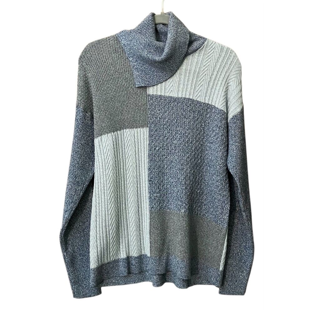 French Dressing patchwork cable knit colorblock turtleneck sweater - Picture 1 of 8